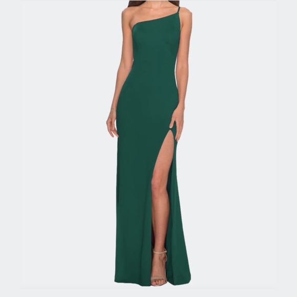 La Femme One-Shoulder Jersey Gown - Emerald Green - Picture 1 of 6